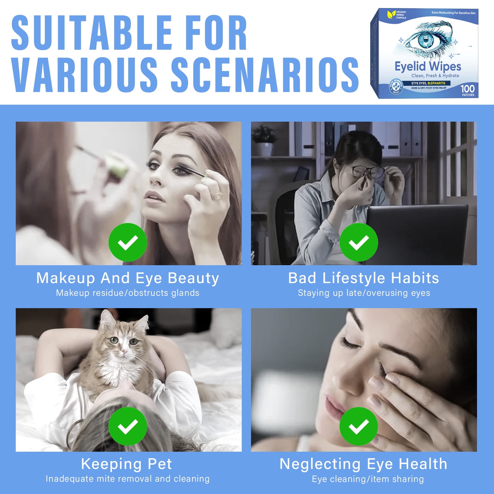 Eyelid Wipes Face Cleansing Wipes for Dry Eyes – Rinse Free Eye Lid Cleaning Wipes, Individually Wrapped Travel Eye Wipes, 100 Count