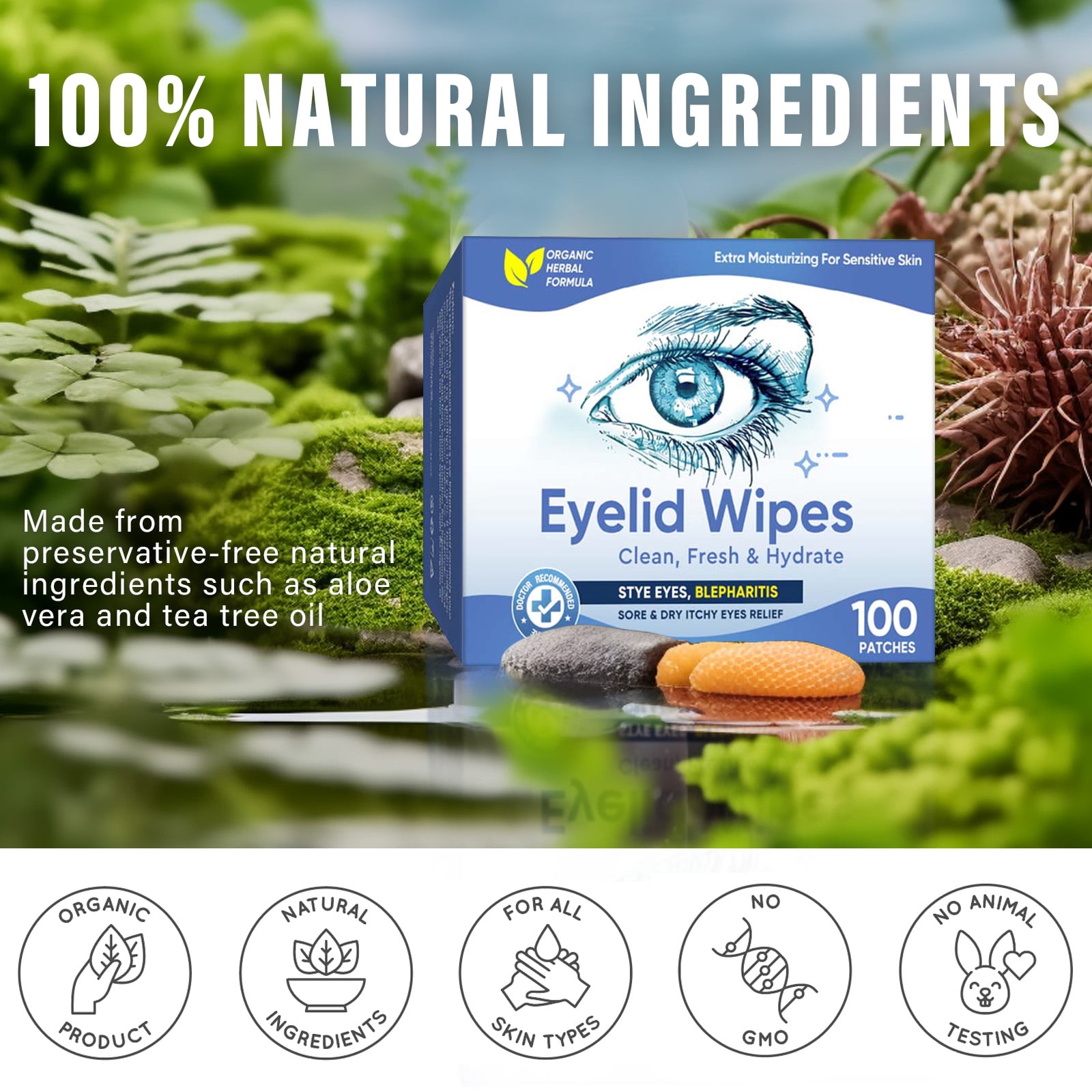 Eyelid Wipes Face Cleansing Wipes for Dry Eyes – Rinse Free Eye Lid Cleaning Wipes, Individually Wrapped Travel Eye Wipes, 100 Count